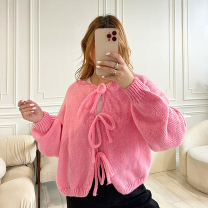 Cardigan in Maglia Oversize con Fiocchi da Donna-Modaso