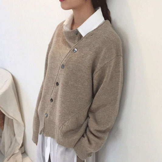 Cardigan lavorato a maglia - Cardigan oversize da donna con bottoni-Marrone-S-Modasso