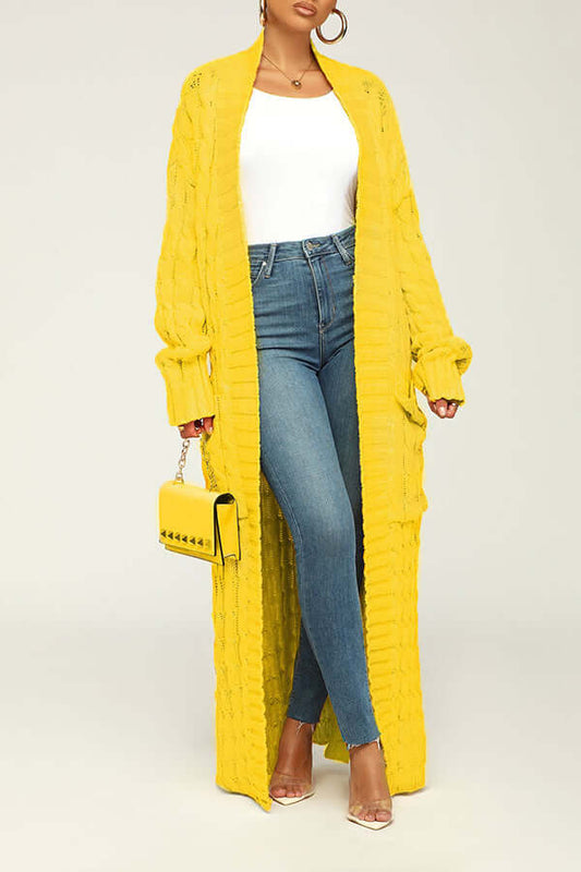 Cardigan lungo | Fronte aperto | Tasca | Cardigan lavorato a maglia | Cardigan lungo da donna-Giallo-S-Modasso