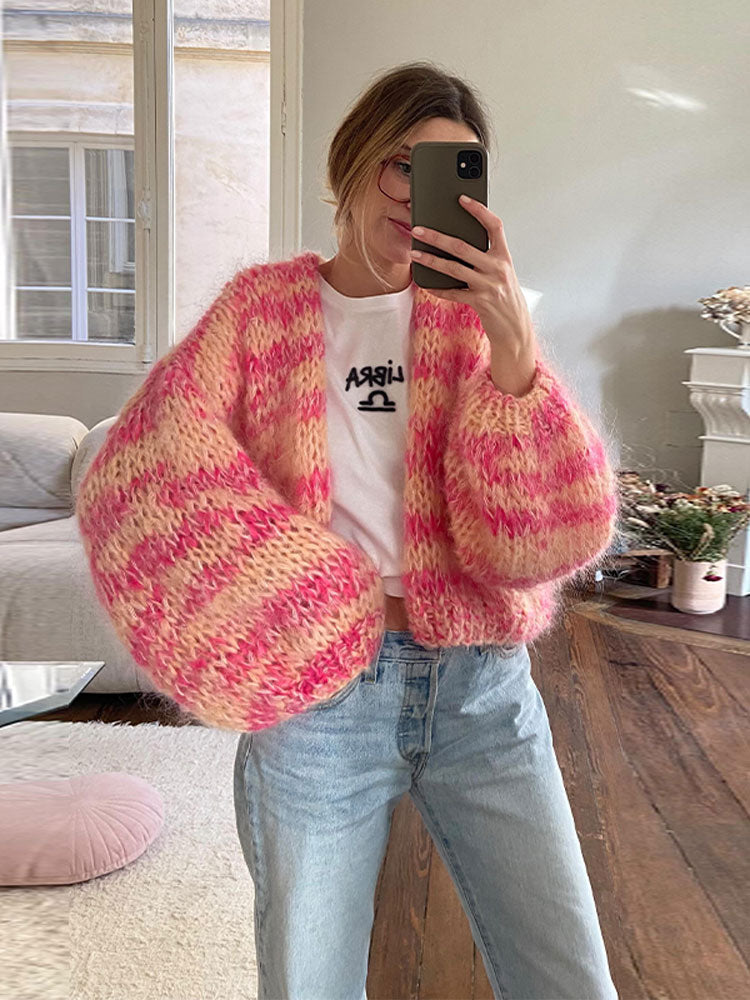 Chunky Cardigan, Lavorato a maglia, Senza bottoni, Cardigan oversize, Abbigliamento donna-Rosa-S-Modaso