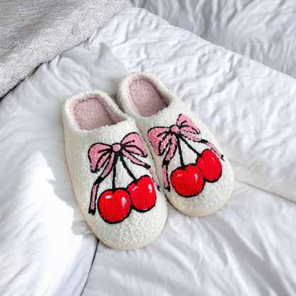 Ciabatte con Ciliegie e Fiocco da Donna, in Peluche-Modaso