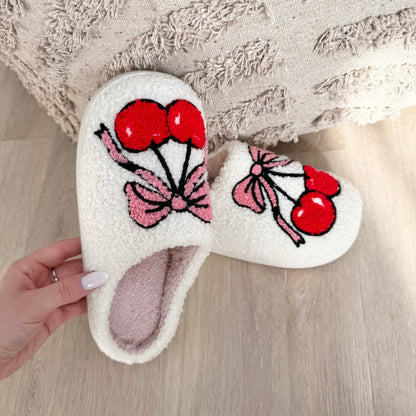Ciabatte con Ciliegie e Fiocco da Donna, in Peluche-Modaso