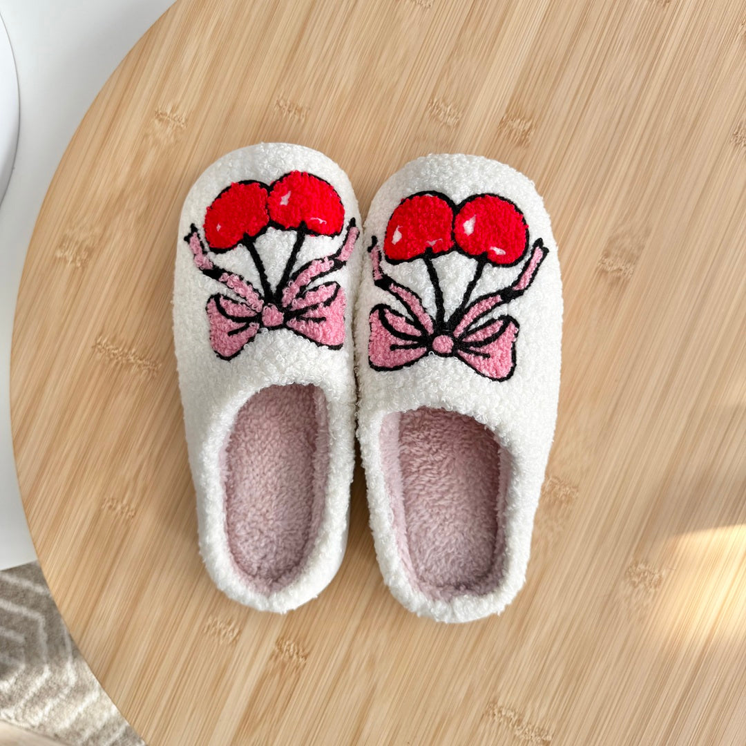 Ciabatte con Ciliegie e Fiocco da Donna, in Peluche-Modaso