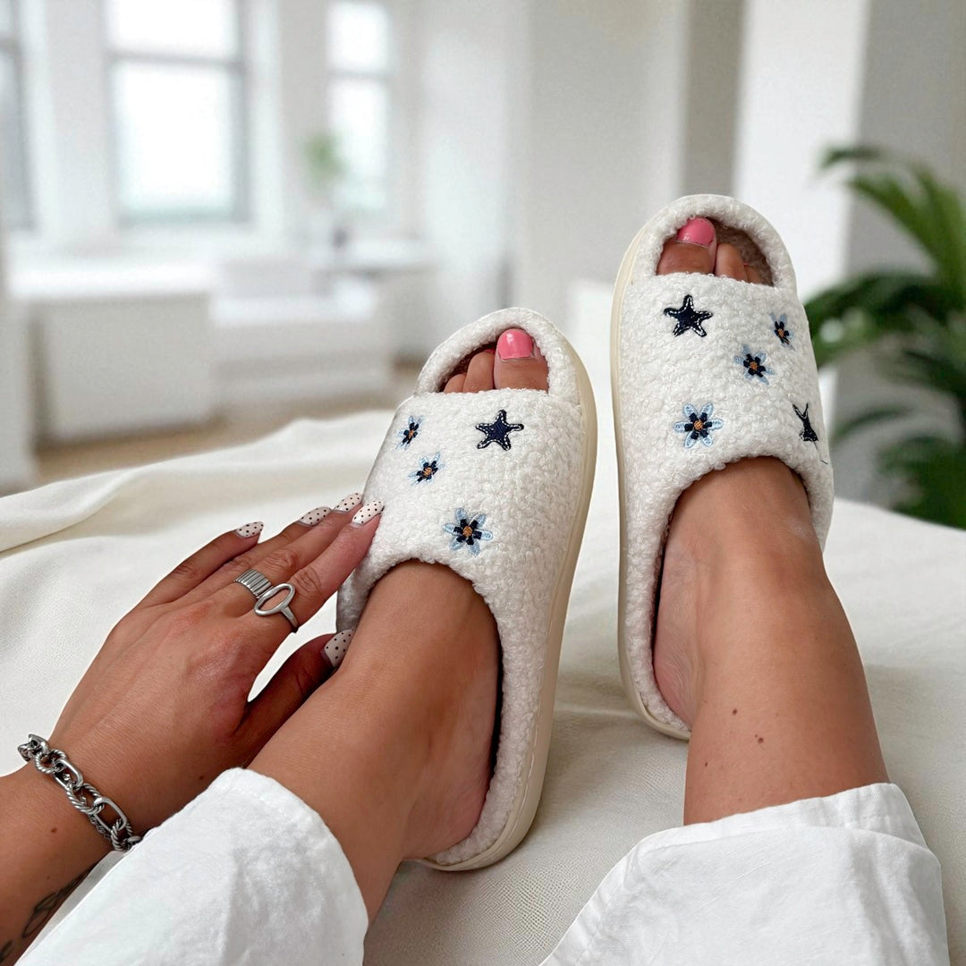 Ciabatte in Peluche con Stelle, Donna Punta Aperta-Modaso