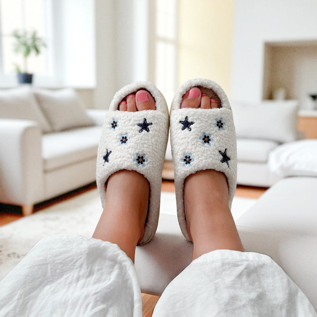 Ciabatte in Peluche con Stelle, Donna Punta Aperta-Modaso