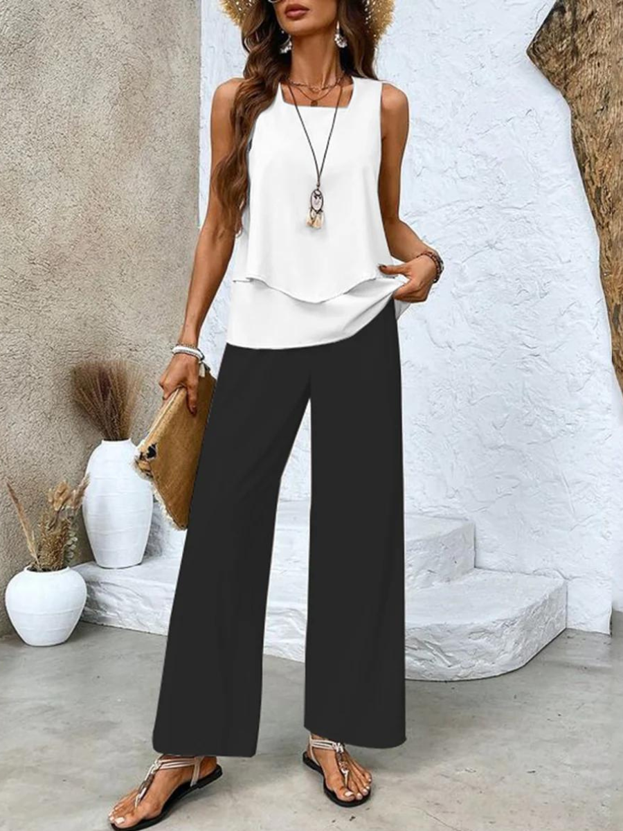 Completo Coordinato, Pantaloni Palazzo e Top da Donna, Estivo-Modaso
