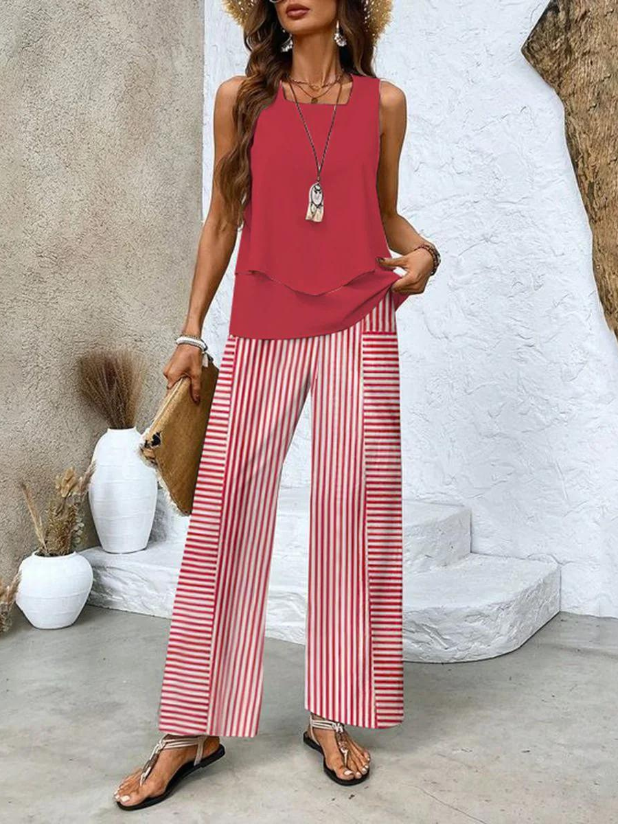 Completo Coordinato, Pantaloni Palazzo e Top da Donna, Estivo-Modaso