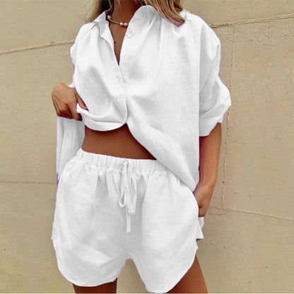 Completo Coordinato in Lino, Camicia Oversize e Pantaloncini da Donna-Bianco-S-Modaso