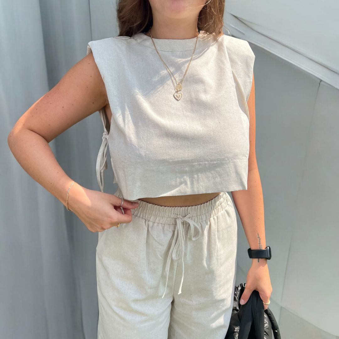 Completo Coordinato in Lino, Top Corto e Pantaloni da Donna-Beige-S-Modaso