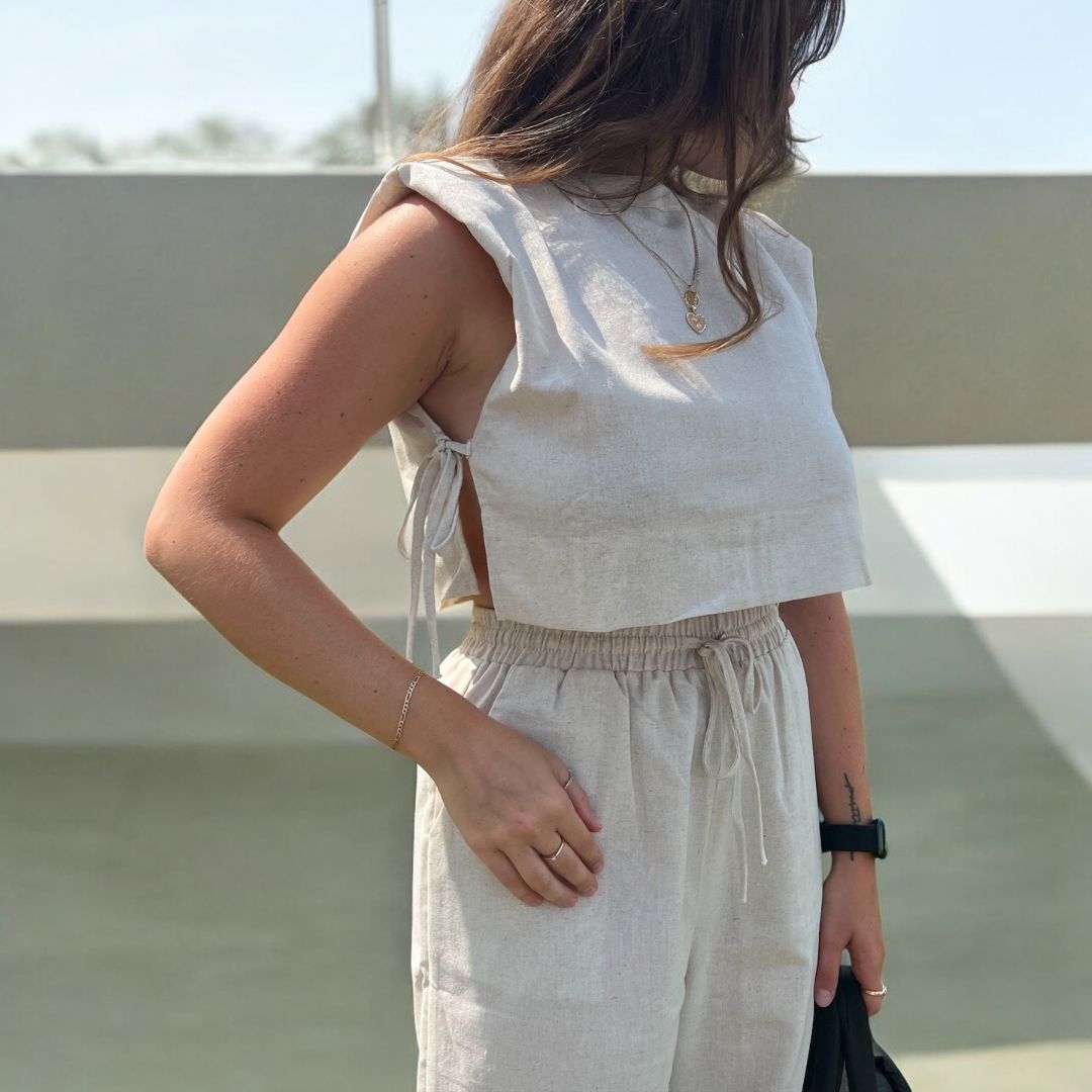 Completo Coordinato in Lino, Top Corto e Pantaloni da Donna-Modaso
