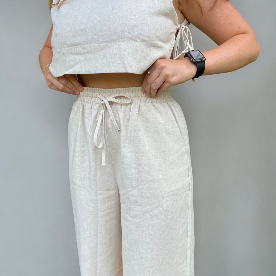 Completo Coordinato in Lino, Top Corto e Pantaloni da Donna-Modaso
