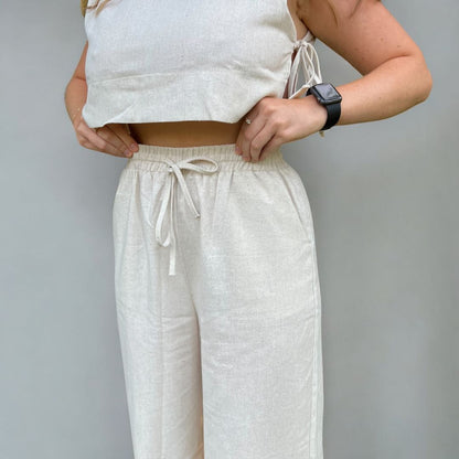 Completo Coordinato in Lino, Top Corto e Pantaloni da Donna-Modaso