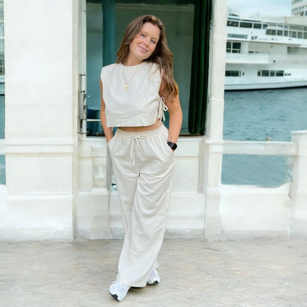 Completo Coordinato in Lino, Top Corto e Pantaloni da Donna-Modaso
