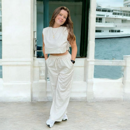 Completo Coordinato in Lino, Top Corto e Pantaloni da Donna-Modaso