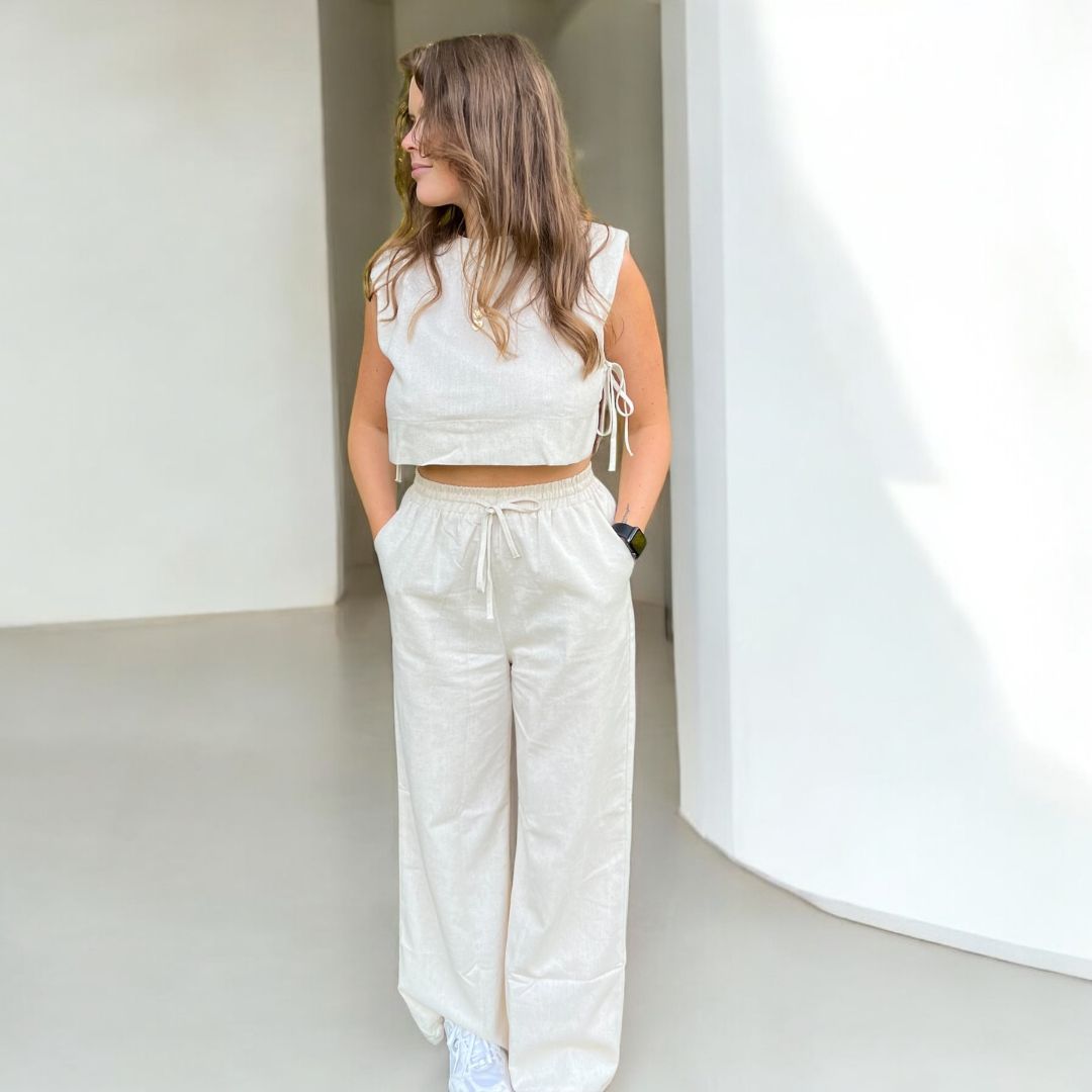 Completo Coordinato in Lino, Top Corto e Pantaloni da Donna-Modaso