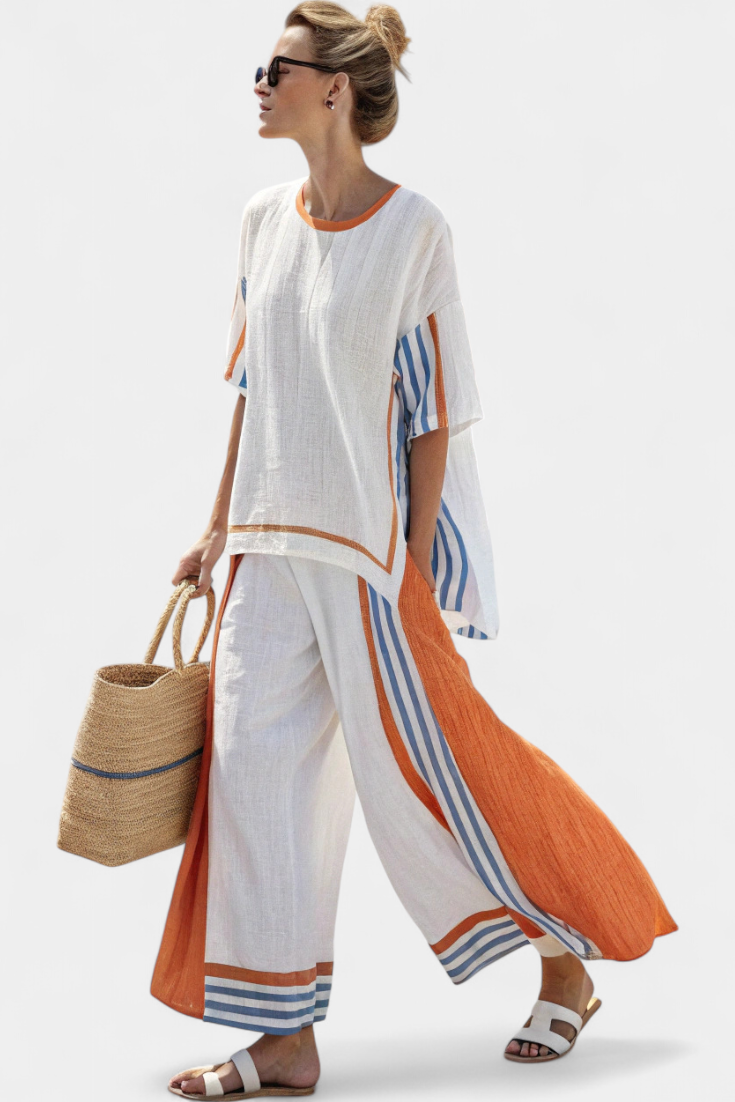 Completo Due Pezzi Oversize, Pantaloni a Gamba Larga e Top da Donna, Estivo-Modaso