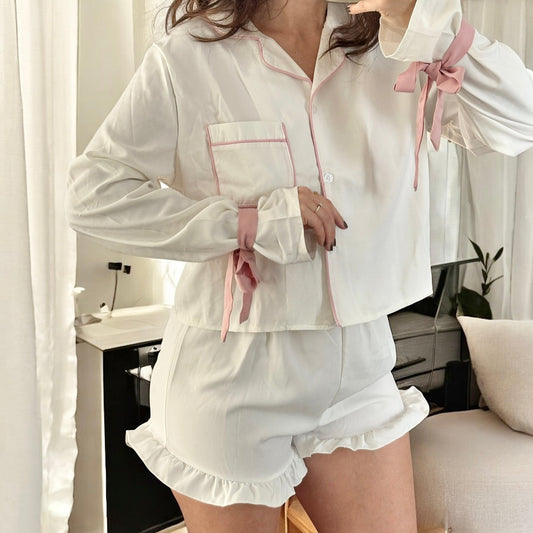 Completo Pigiama Corto a Maniche Lunghe da Donna-Bianco-S-Modaso