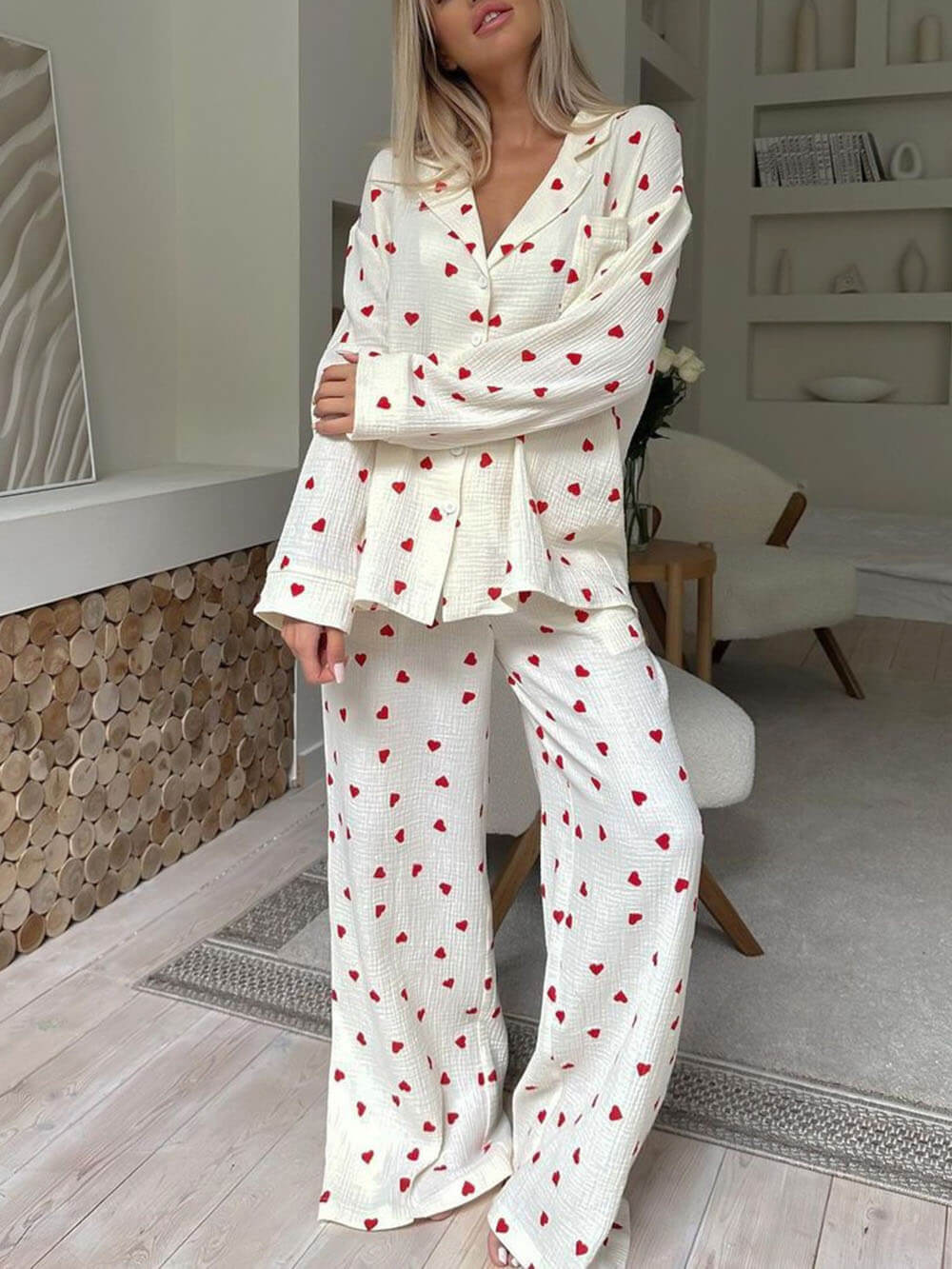 Completo Pigiama con Stampa a Cuori, Pigiama da Donna a Maniche Lunghe-Modaso