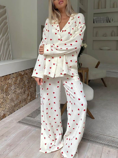 Completo Pigiama con Stampa a Cuori, Pigiama da Donna a Maniche Lunghe-Modaso