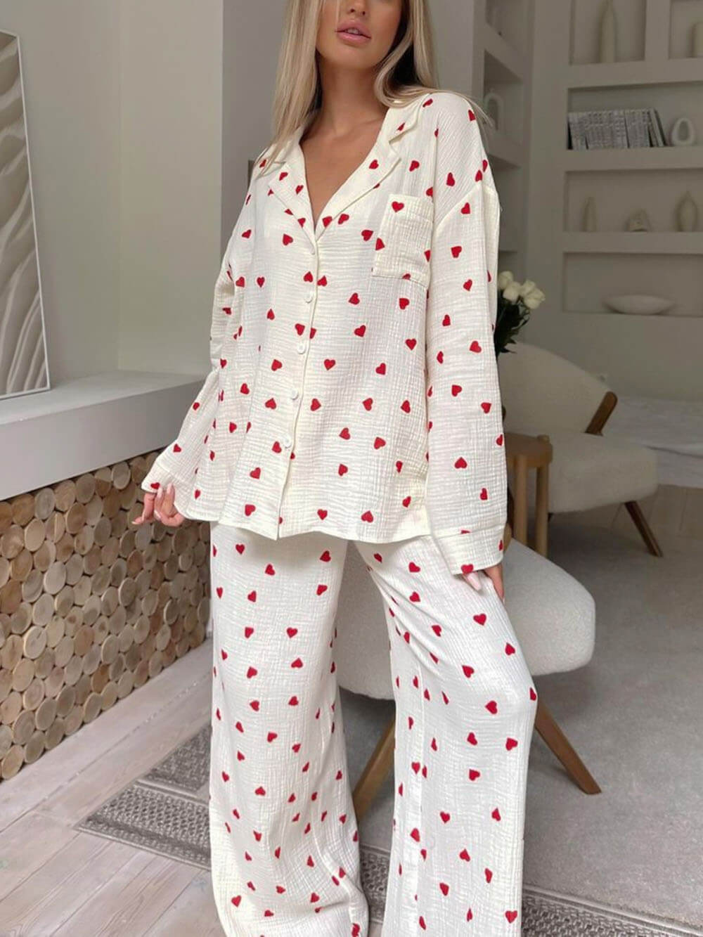 Completo Pigiama con Stampa a Cuori, Pigiama da Donna a Maniche Lunghe-Modaso