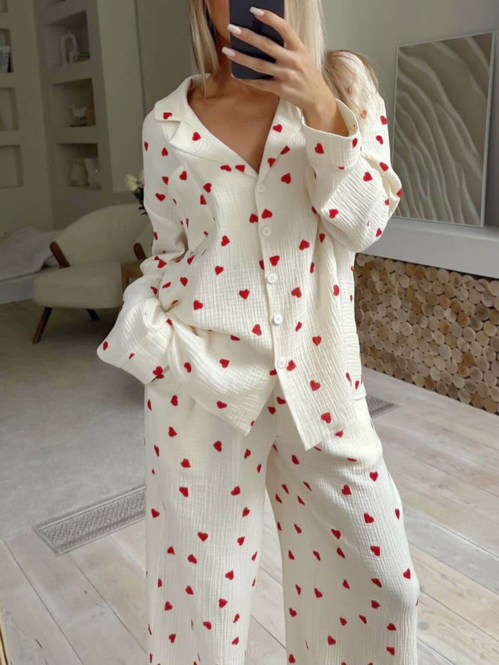 Completo Pigiama con Stampa a Cuori, Pigiama da Donna a Maniche Lunghe-Modaso