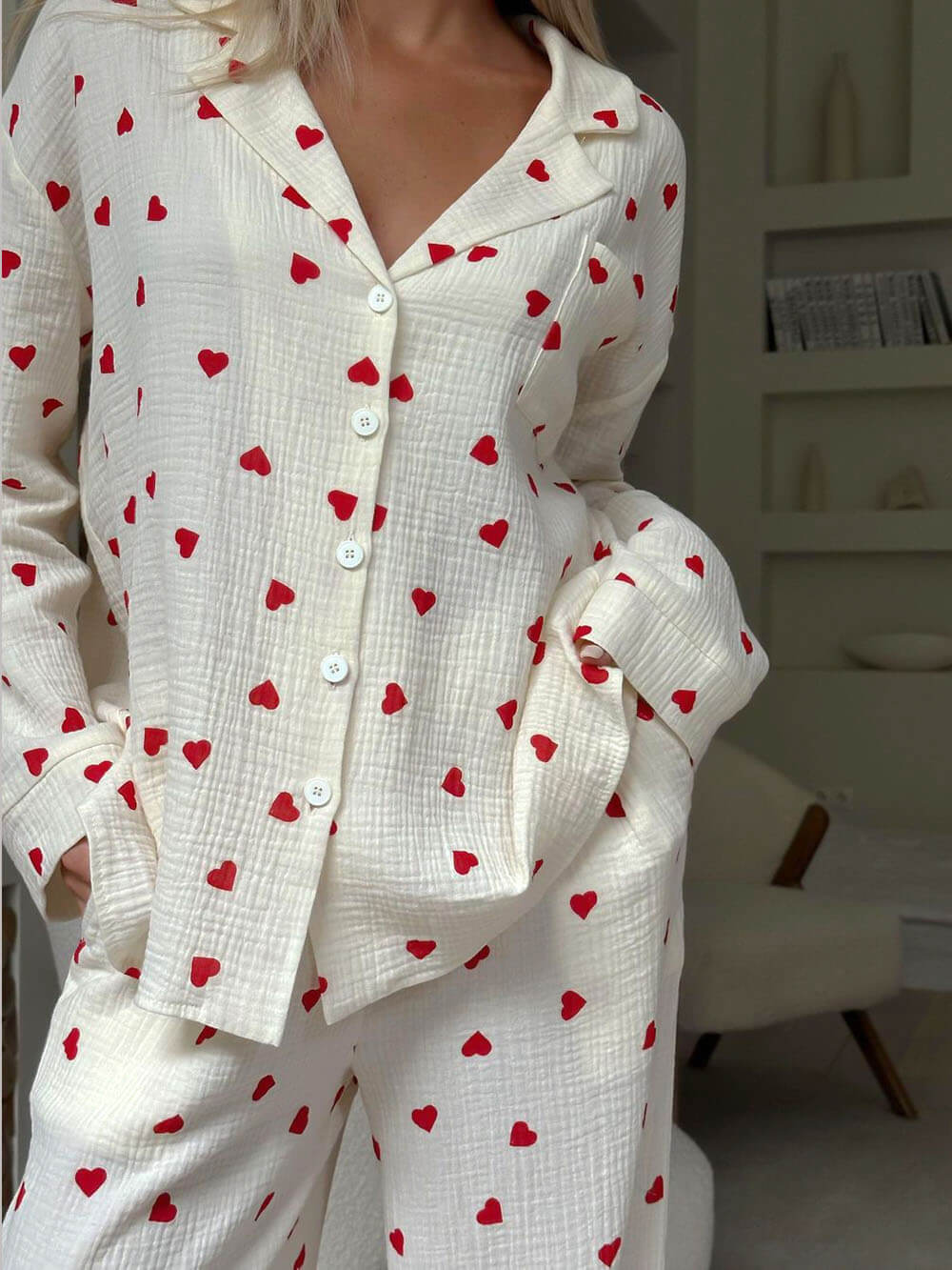 Completo Pigiama con Stampa a Cuori, Pigiama da Donna a Maniche Lunghe-Modaso