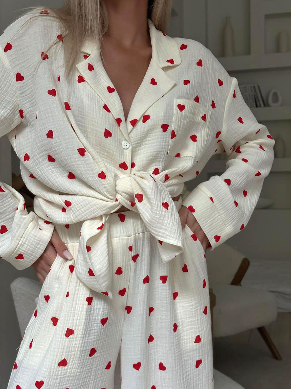 Completo Pigiama con Stampa a Cuori, Pigiama da Donna a Maniche Lunghe-Modaso