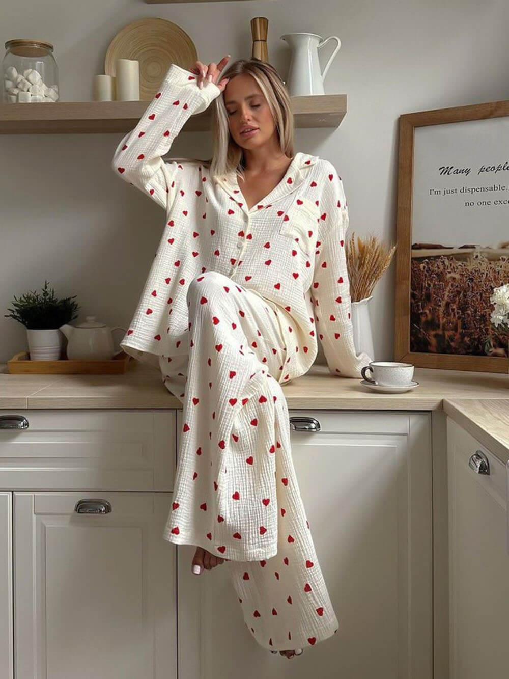 Completo Pigiama con Stampa a Cuori, Pigiama da Donna a Maniche Lunghe-Modaso