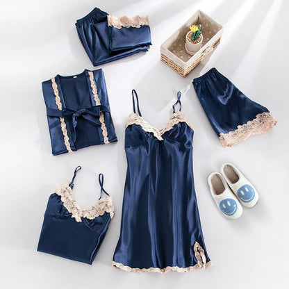Completo Pigiama in Raso, Abbigliamento da Notte in Seta da Donna-Blu Navy Panna-XS-Modaso