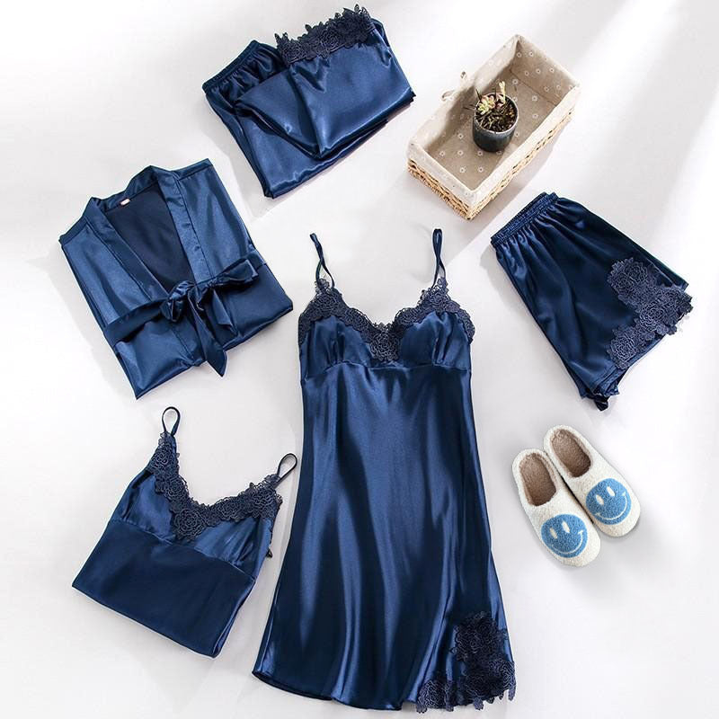 Completo Pigiama in Raso, Abbigliamento da Notte in Seta da Donna-Blu Navy-XS-Modaso