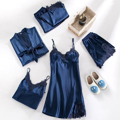 Completo Pigiama in Raso, Abbigliamento da Notte in Seta da Donna-Blu Navy-XS-Modaso