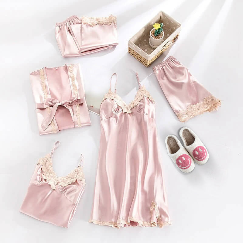 Completo Pigiama in Raso, Abbigliamento da Notte in Seta da Donna-Rosa Panna-XS-Modaso