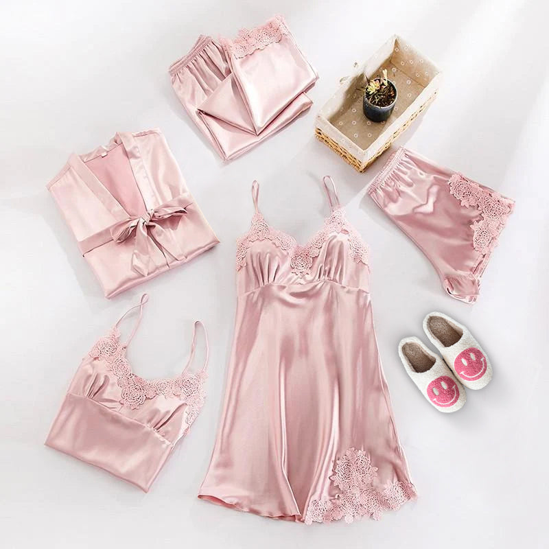 Completo Pigiama in Raso, Abbigliamento da Notte in Seta da Donna-Rosa-XS-Modaso
