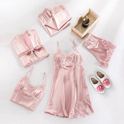Completo Pigiama in Raso, Abbigliamento da Notte in Seta da Donna-Rosa-XS-Modaso