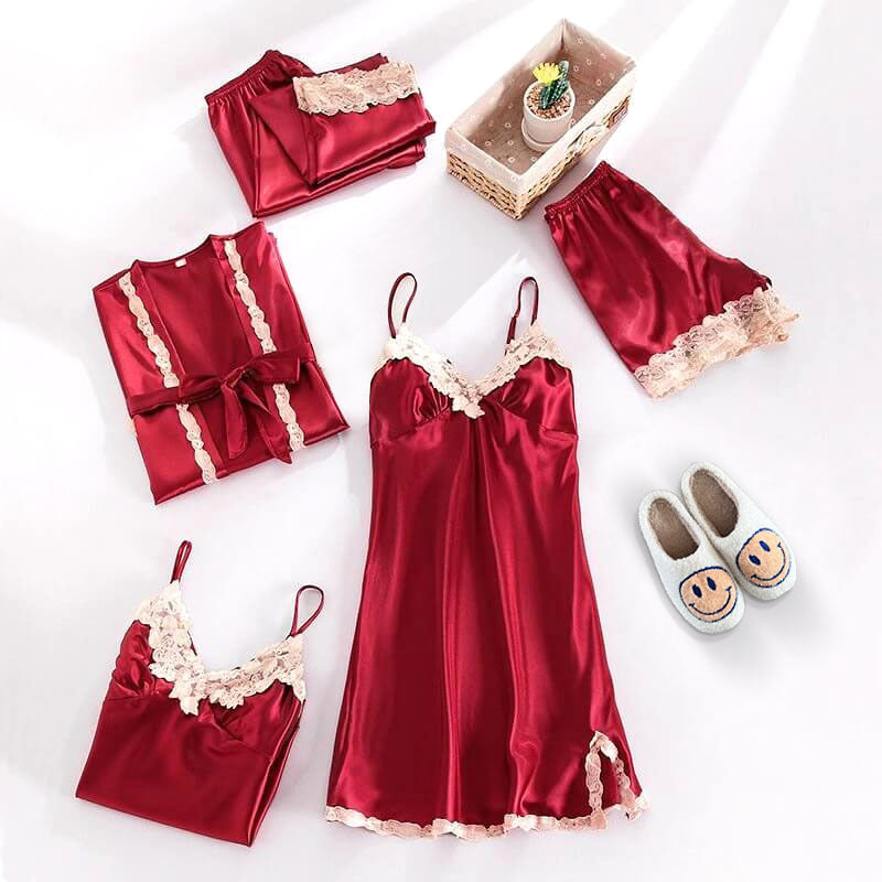 Completo Pigiama in Raso, Abbigliamento da Notte in Seta da Donna-Rosso Panna-XS-Modaso