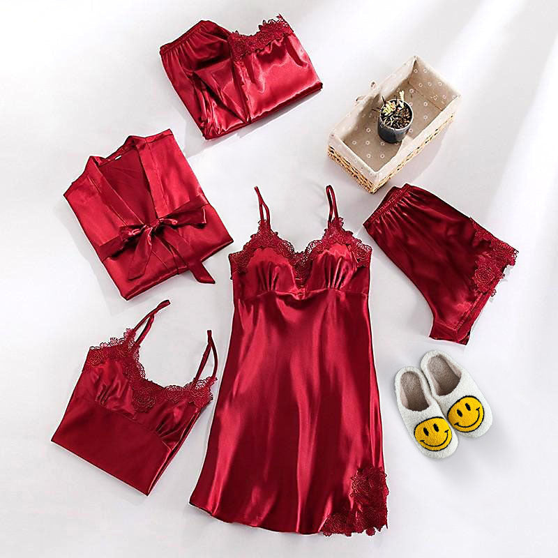 Completo Pigiama in Raso, Abbigliamento da Notte in Seta da Donna-Rosso-XS-Modaso