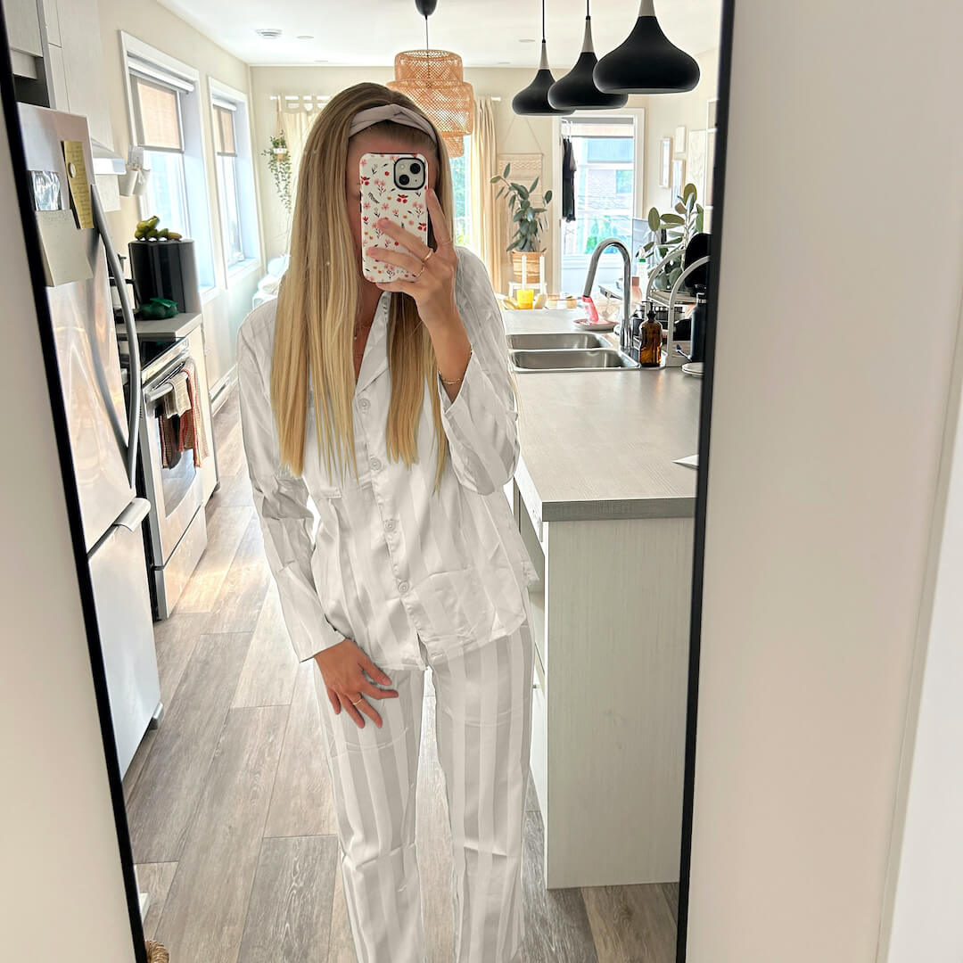 Completo Pigiama in Raso a Maniche Lunghe da Donna-Bianco-M-Modaso