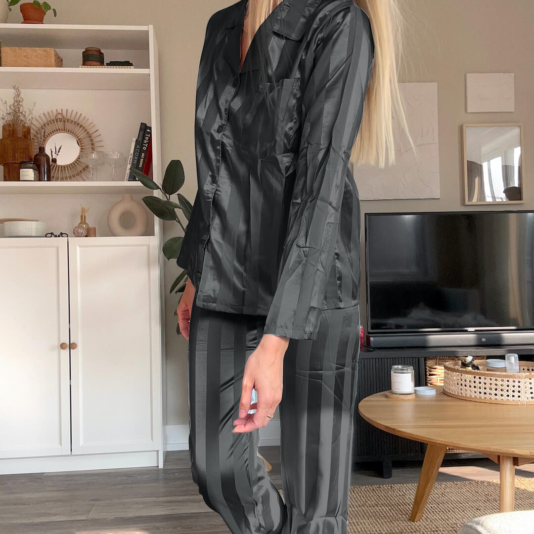 Completo Pigiama in Raso a Maniche Lunghe da Donna-Nero-M-Modaso