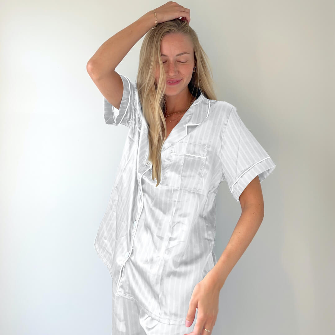 Completo Pigiama in Raso a Righe da Donna-Bianco-S-Modaso