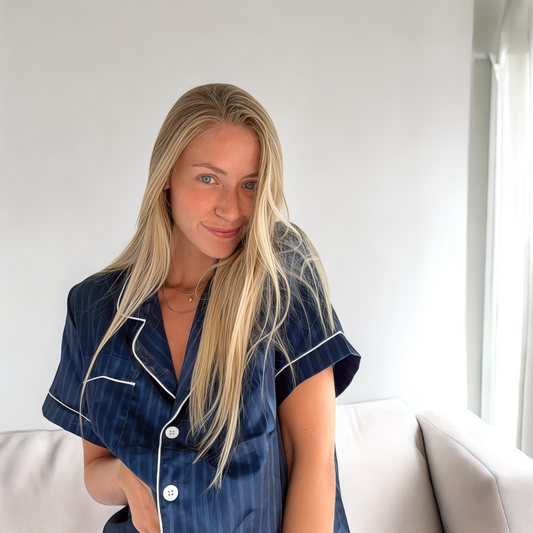 Completo Pigiama in Raso a Righe da Donna-Blu-S-Modaso