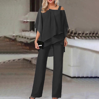Donna Co-Ord Set – Monospalla - Vestibilità morbida - Set composto da camicetta e pantaloni - Set a due pezzi-Nero-S-Modasso