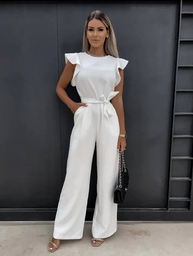 Florentine, Tuta Elegante Donna a Gamba Larga con Volant-Bianco-S-Modaso