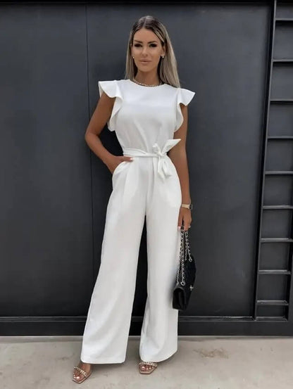 Florentine, Tuta Elegante Donna a Gamba Larga con Volant-Bianco-S-Modaso