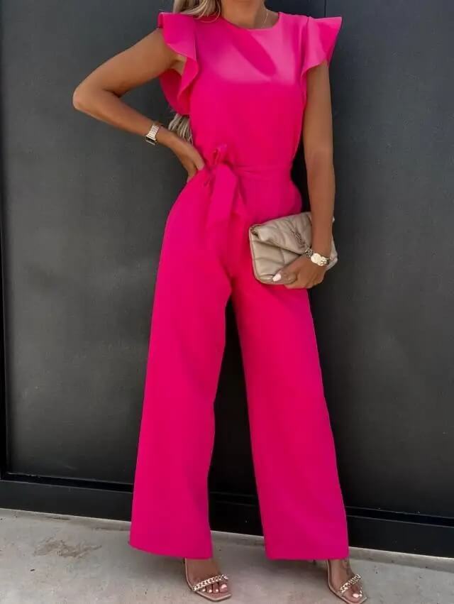 Florentine, Tuta Elegante Donna a Gamba Larga con Volant-Rosa-S-Modaso
