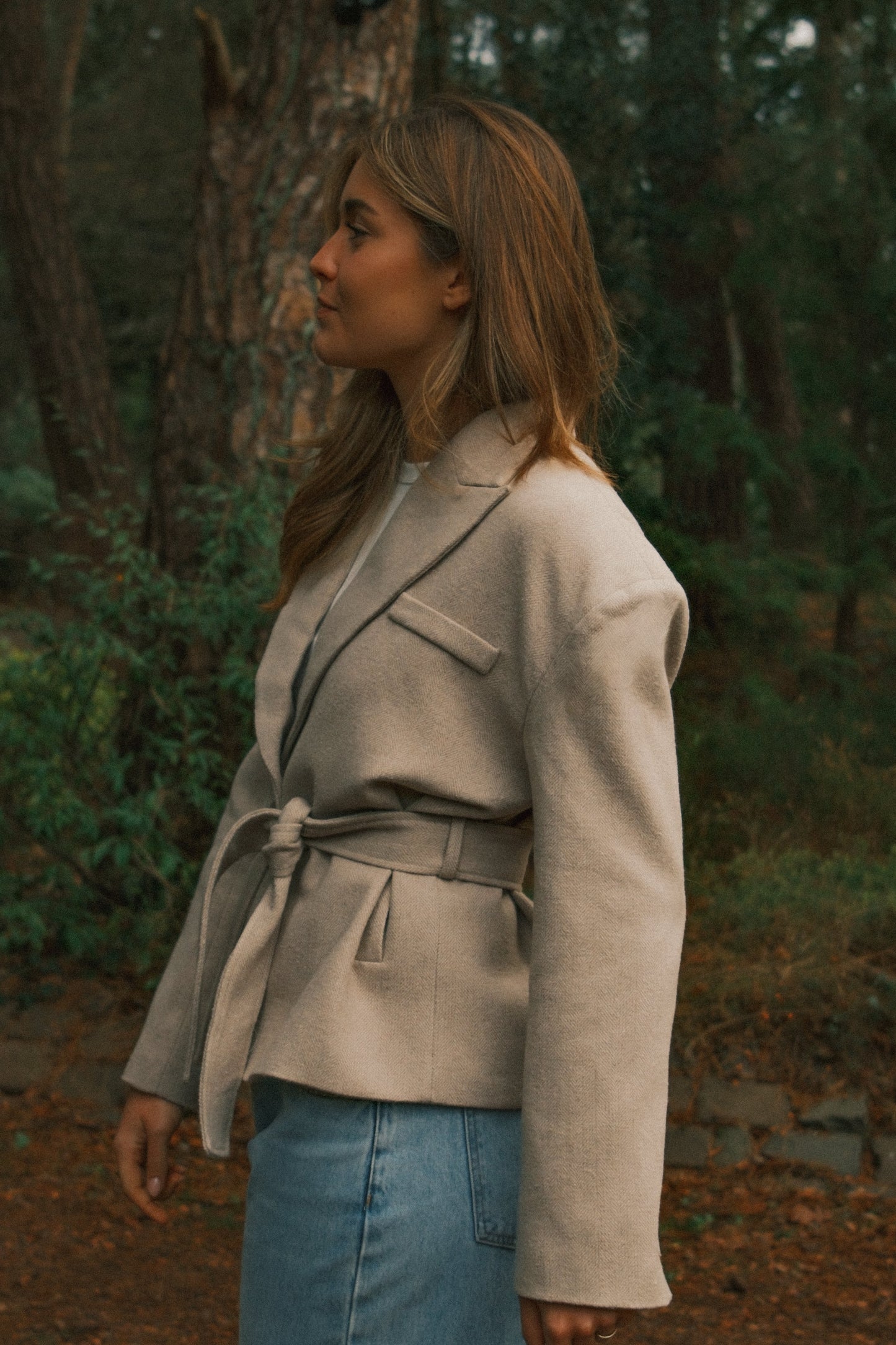 GIACCA BEIGE A RIGHE CON CINTURA-Modaso