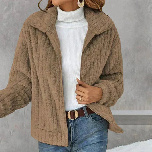 Giacca Donna Pile con Cerniera in Pelliccia Sintetica-Cachi-S-Modasso