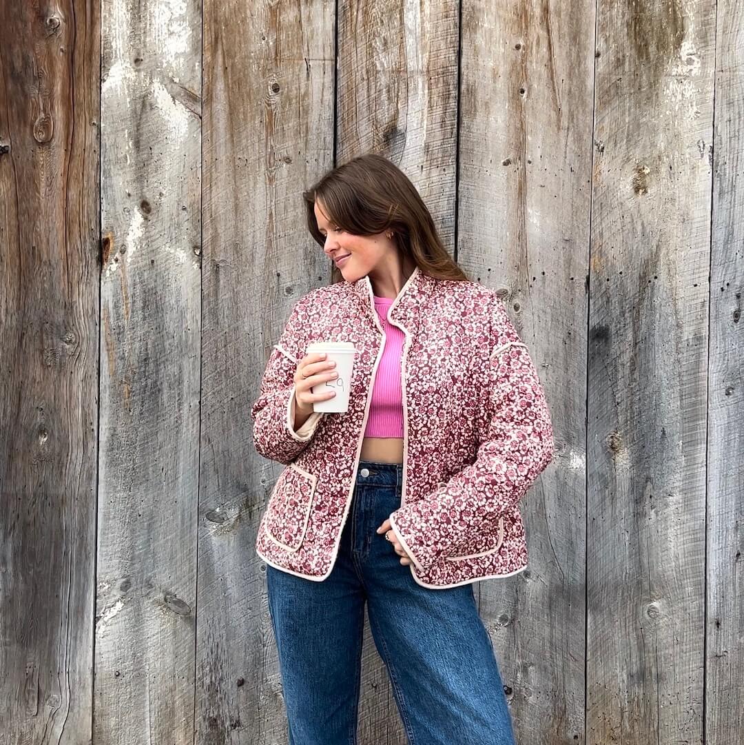 Giacca Trapuntata, Giacca a Fiori Oversize da Donna-Modaso
