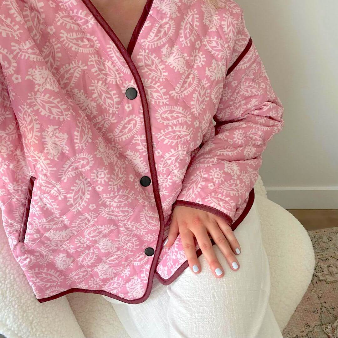 Giacca Trapuntata Rosa a Fiori da Donna, Oversize-Modaso