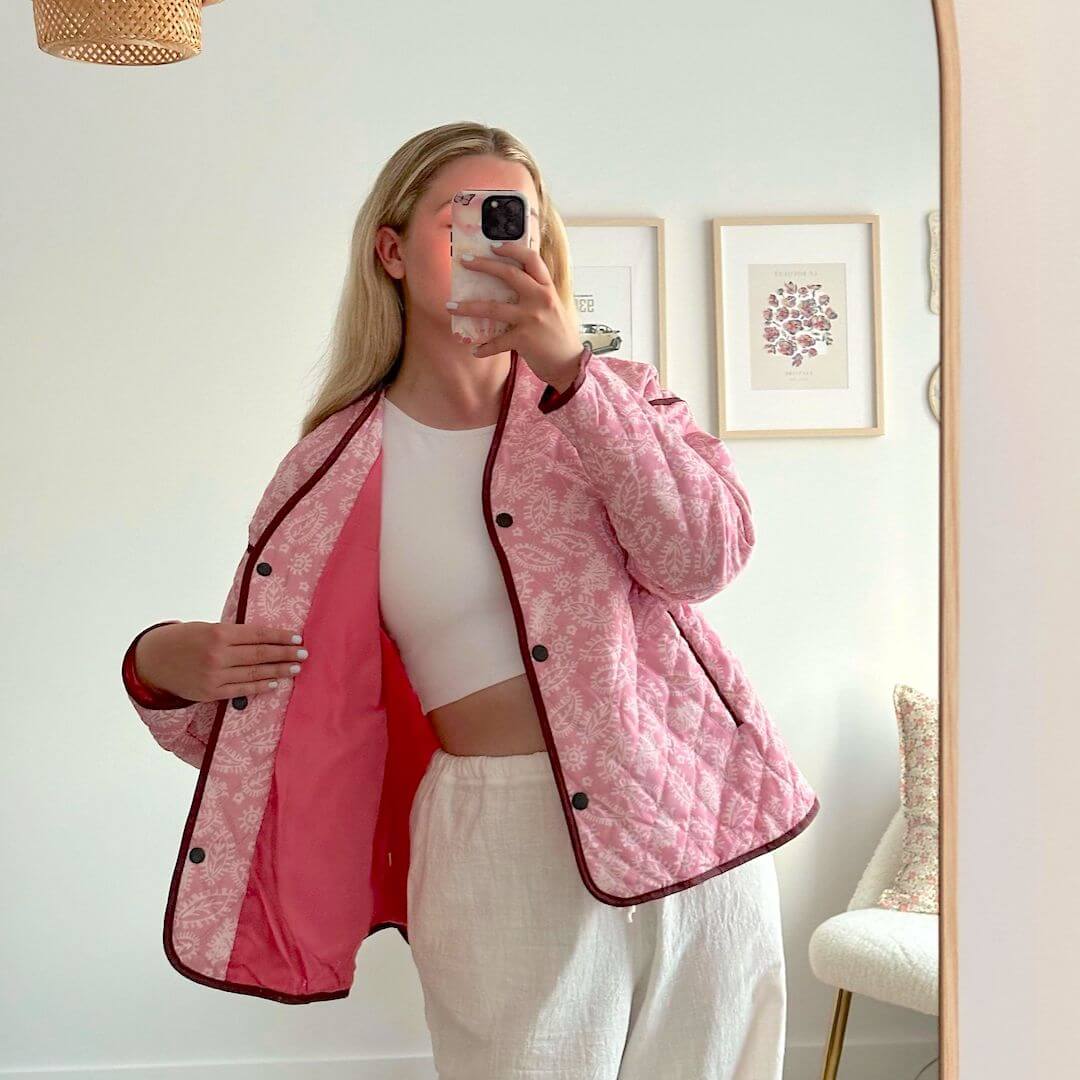 Giacca Trapuntata Rosa a Fiori da Donna, Oversize-Modaso
