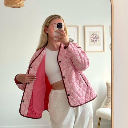 Giacca Trapuntata Rosa a Fiori da Donna, Oversize-Modaso